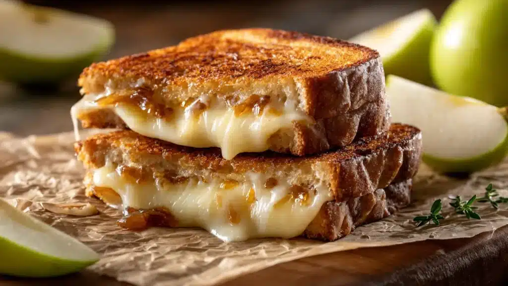 Caramelized onion and apple grilled cheese sandwich on a plate