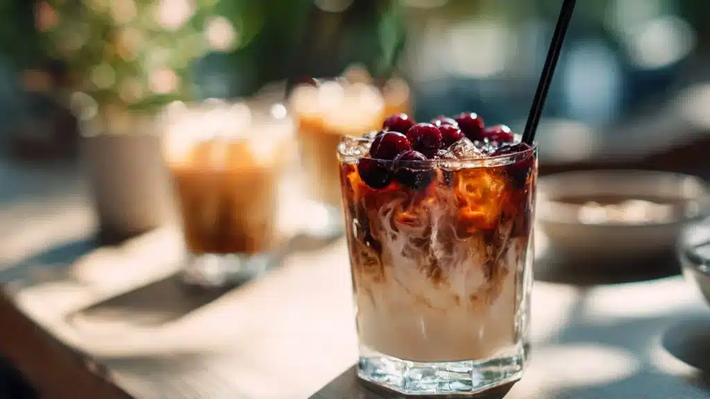 A refreshing Cherry Earl Grey Milk Tea served in a clear glass with cherries on top.