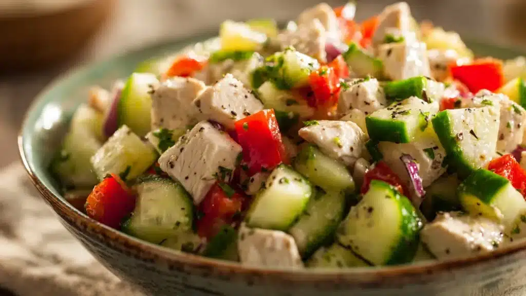 Delicious homemade chicken salad served in a bowl with fresh ingredients.
