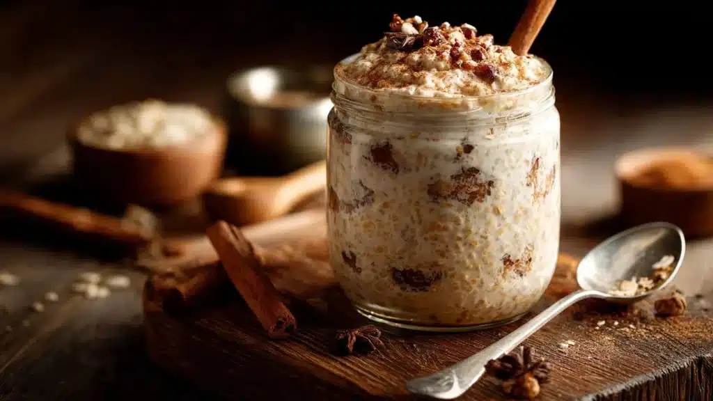 Delicious cinnamon roll overnight oats topped with cinnamon and icing