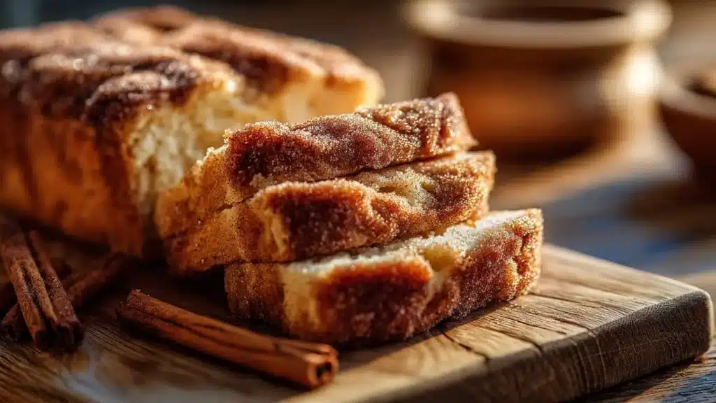 Sliced cinnamon sugar donut bread on a wooden table