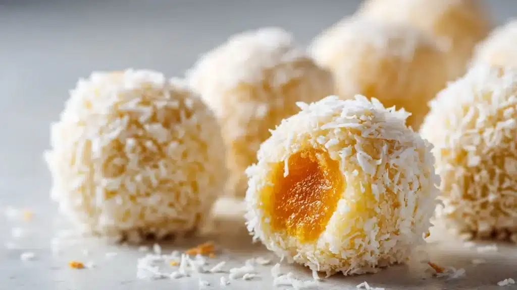 Delicious Coconut Mango Bliss Balls on a wooden plate with fresh mango slices.