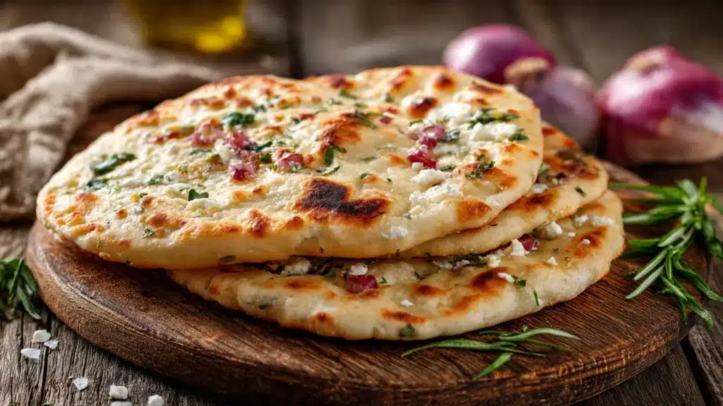 Homemade cottage cheese flatbread topped with fresh herbs