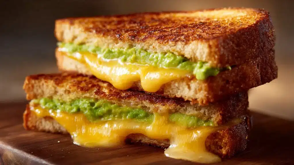 Creamy avocado grilled cheese sandwich with melted cheese and fresh avocado slices
