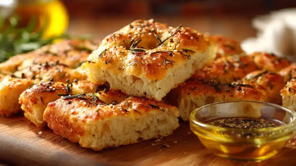 Two delicious mini focaccia breads topped with rosemary and sea salt