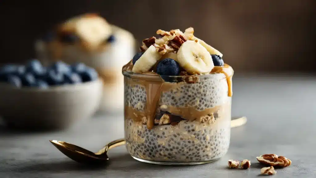 Gluten-free cinnamon banana bread overnight oats in a bowl with toppings