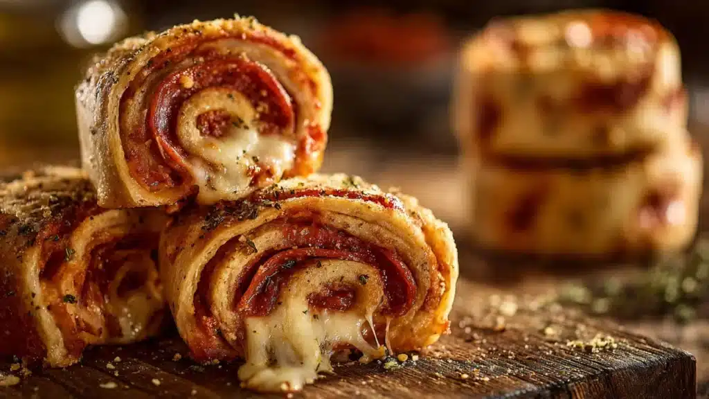 High protein pepperoni pizza rolls with melted cheese and spices