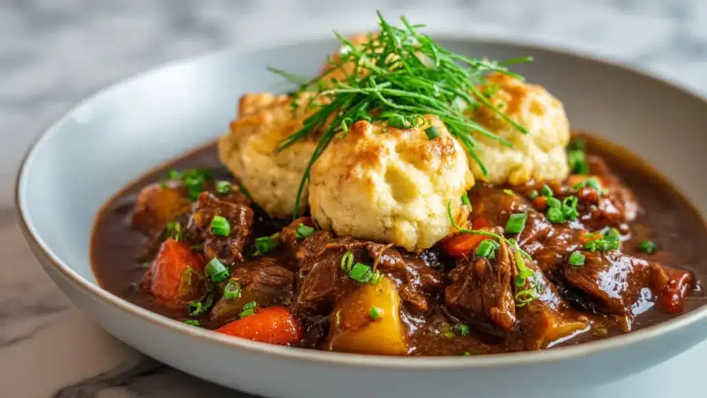 A bowl of Irish stew topped with cheddar dumplings, showcasing hearty ingredients.