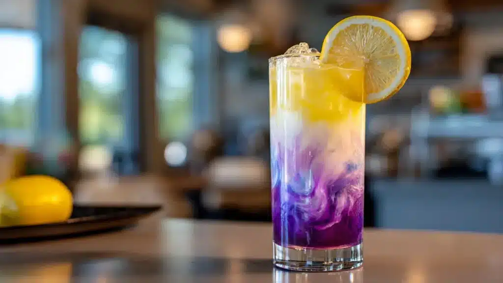 Refreshing Lavender Lemon Dirty Soda drink with lemon slices and lavender flowers