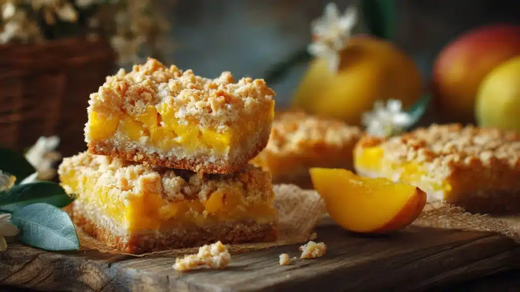 Delicious Mango Crumble Bars topped with buttery crumble crust.