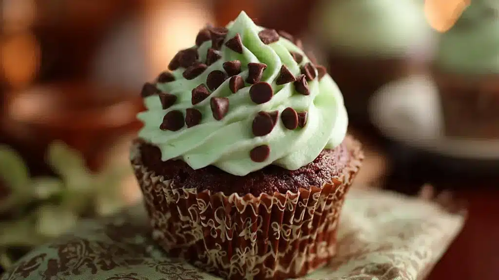 Delicious mint chocolate chip cupcakes topped with chocolate frosting and mint leaves.