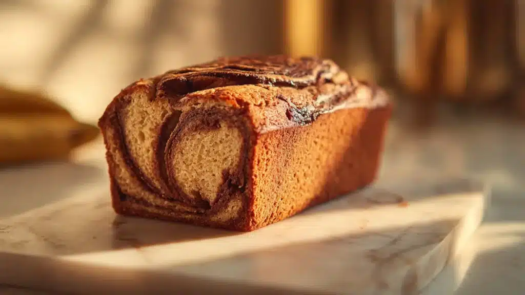 Nutella swirled banana bread fresh out of the oven, showcasing rich flavors and textures.