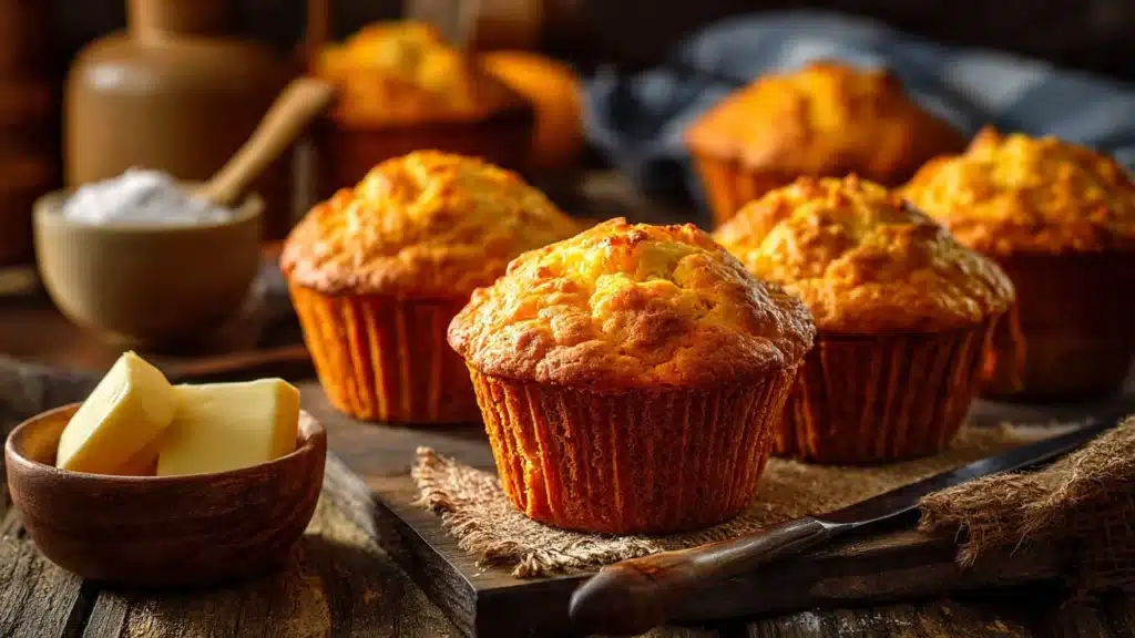 Freshly baked Orange Vanilla Buttermilk Muffins on a wooden table