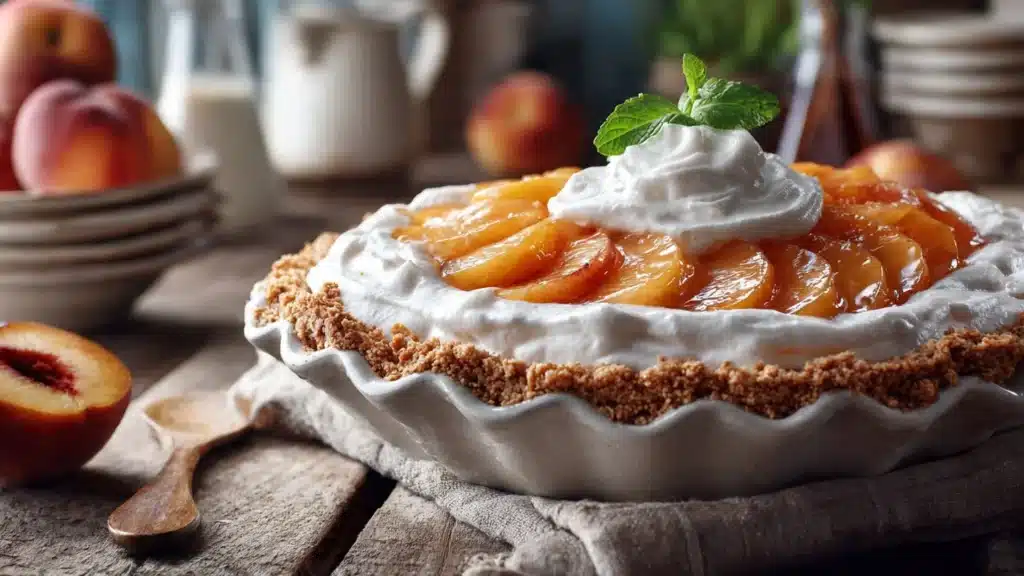 Delicious Peach Cool Whip Pie topped with fresh peaches and whipped cream