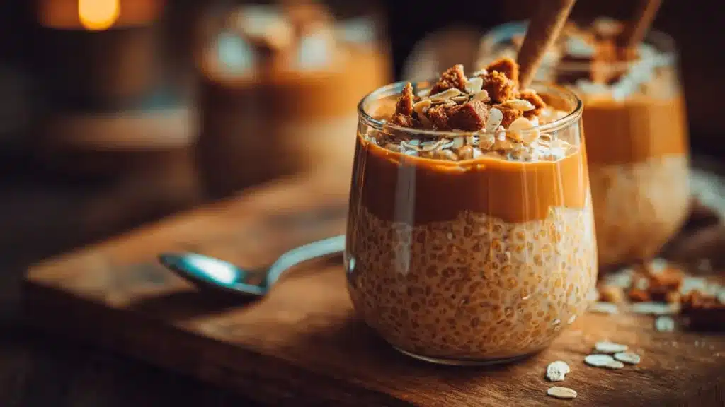 Biscoff Overnight Oats topped with cookie crumbs and caramel drizzle