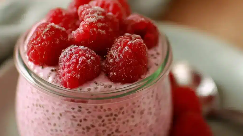 Delicious Raspberry Chia Pudding sweetened with maple syrup in a clear bowl