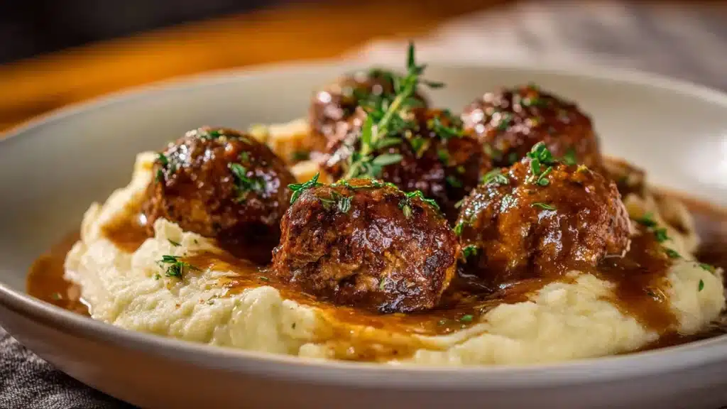 Salisbury Steak Meatballs served with gravy and vegetables