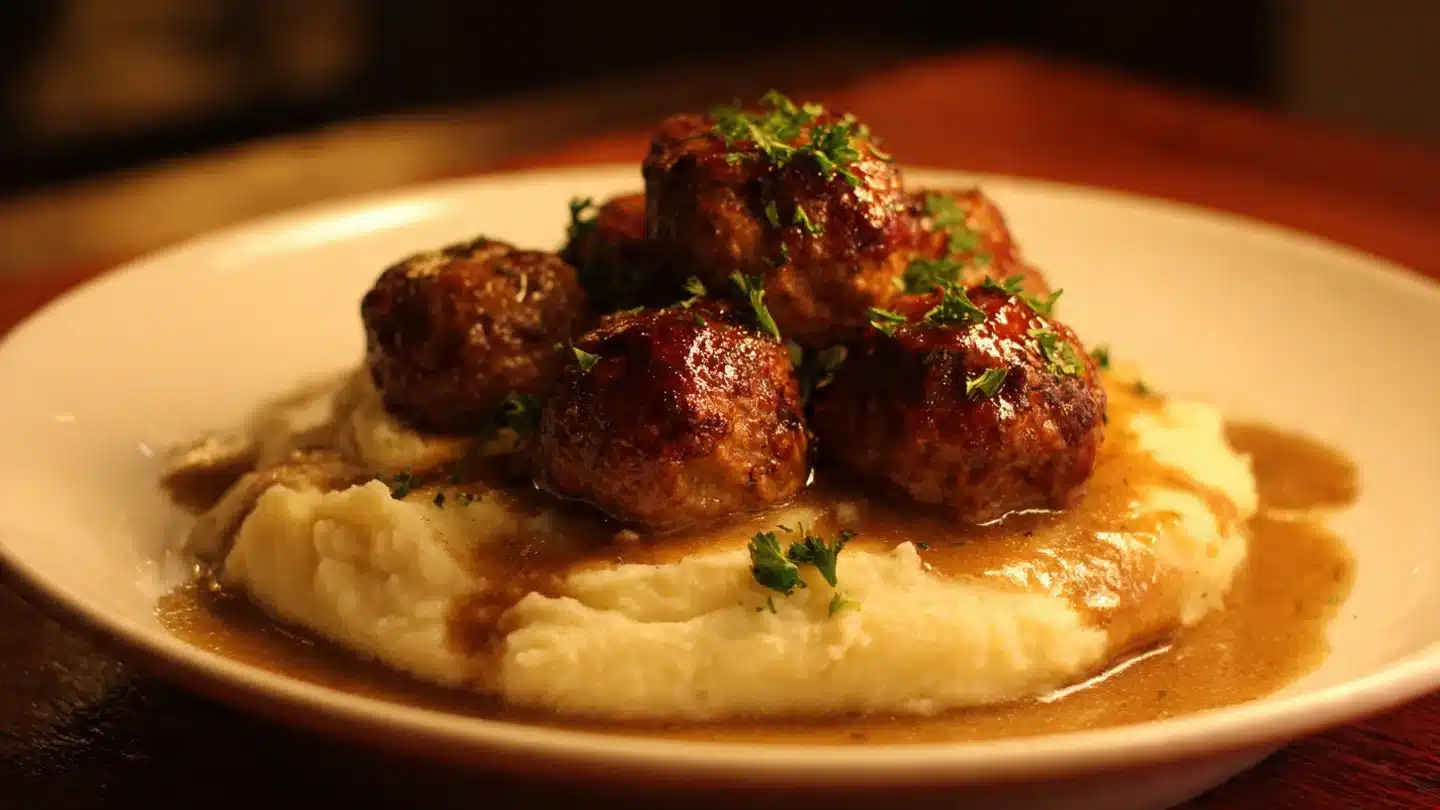 Salisbury Steak Meatballs with Garlic Herb Mashed Potatoes