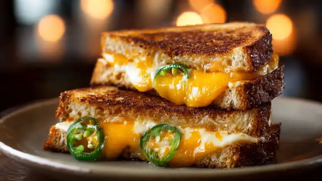 Spicy and sweet jalapeño peach grilled cheese sandwich melty goodness