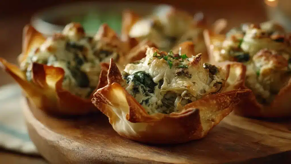 Delicious spinach and artichoke wonton cups served as an appetizer