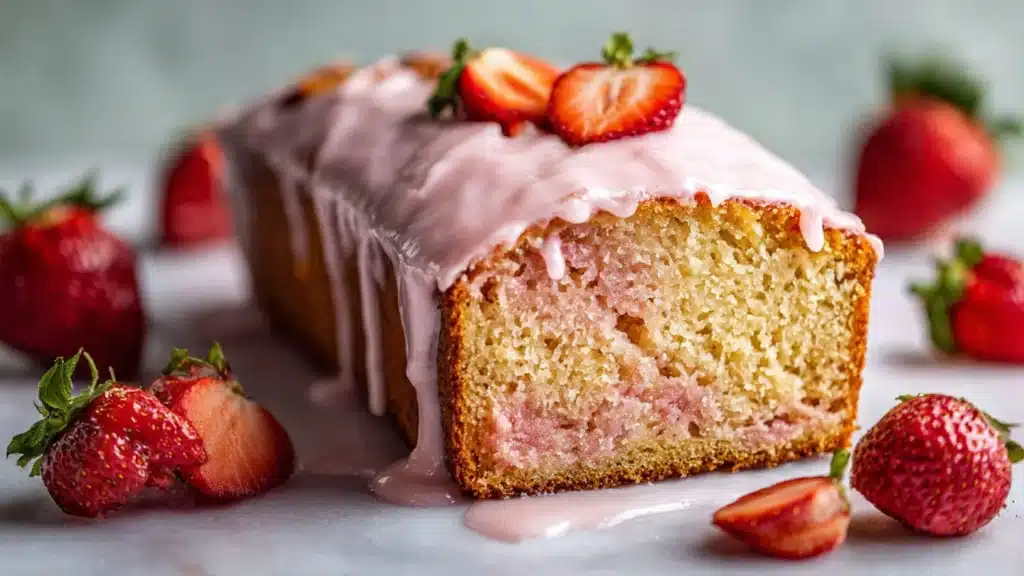 Freshly baked Strawberry Banana Bread with ripe strawberries and bananas