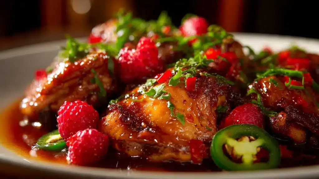 Sweet and spicy jalapeño raspberry chicken served on a plate
