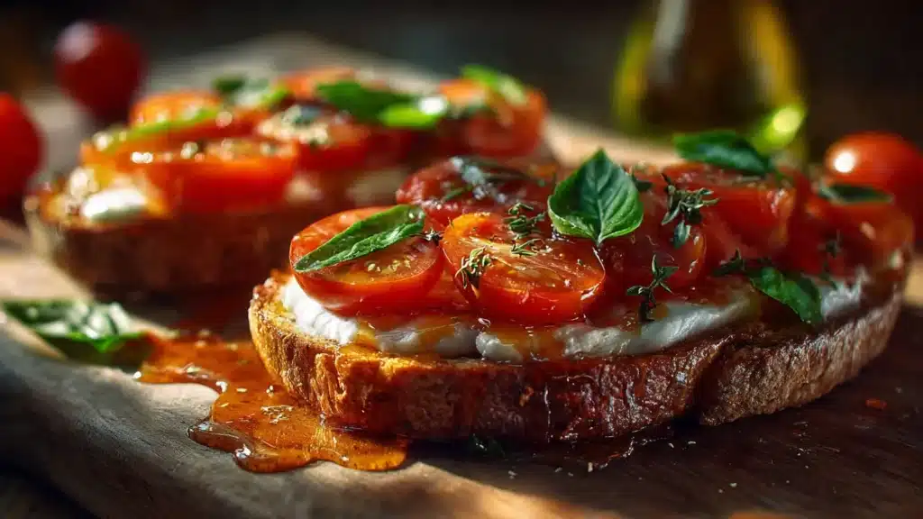 Delicious Tomato Basil Mozzarella Toast with fresh ingredients