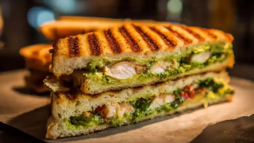 Turkey Basil Pesto Panini with fresh ingredients and melted cheese
