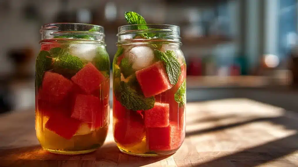 Watermelon chamomile tea cooler served in a glass with fresh watermelon slices