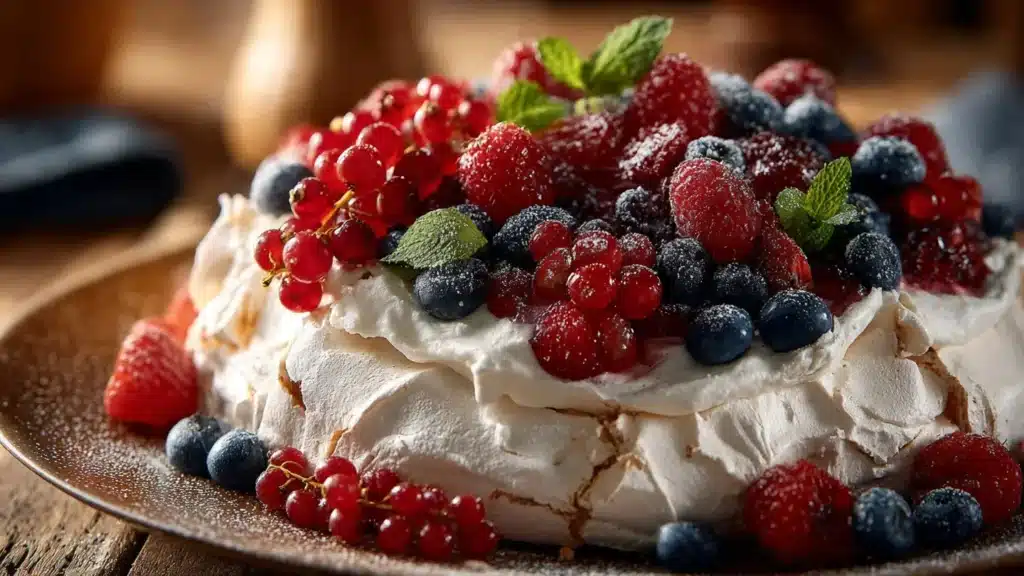 Delicious Air Fryer Pavlova with crispy meringue and fresh fruits