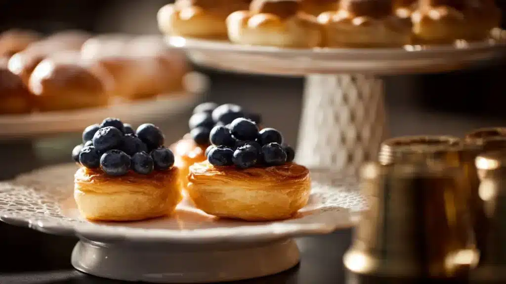 Blueberry pastry rings with vanilla cream filling on a decorative plate