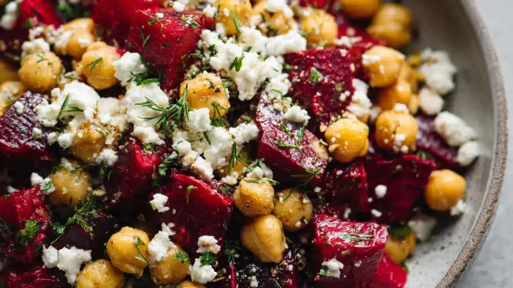 Chickpea Beet Feta Salad served in a bowl with fresh ingredients