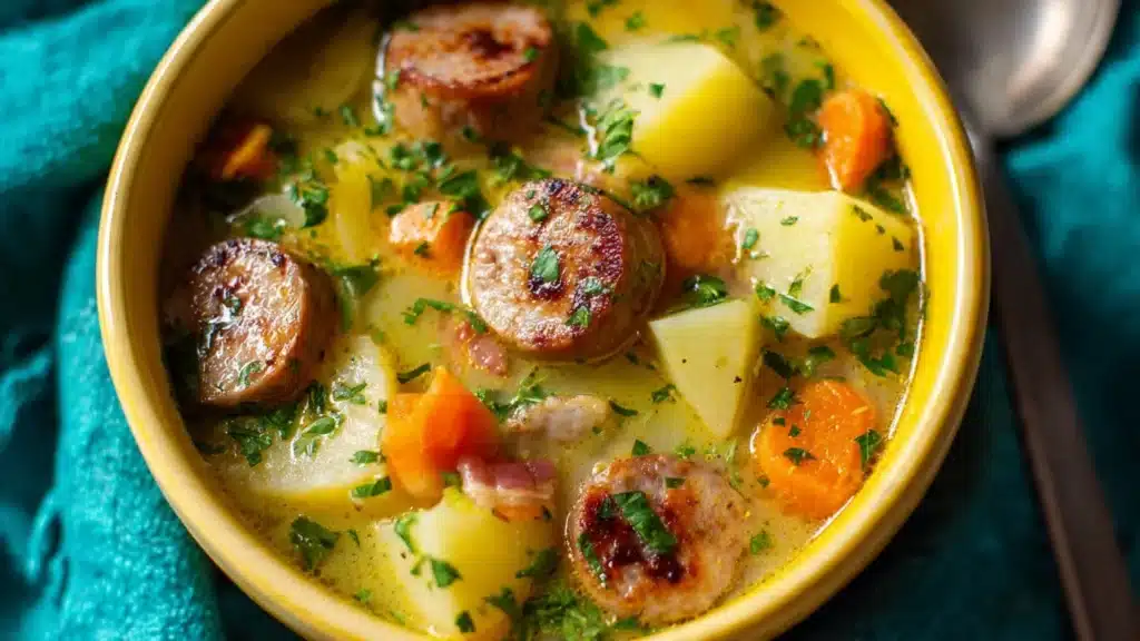 Bowl of classic German potato soup with sausage and herbs