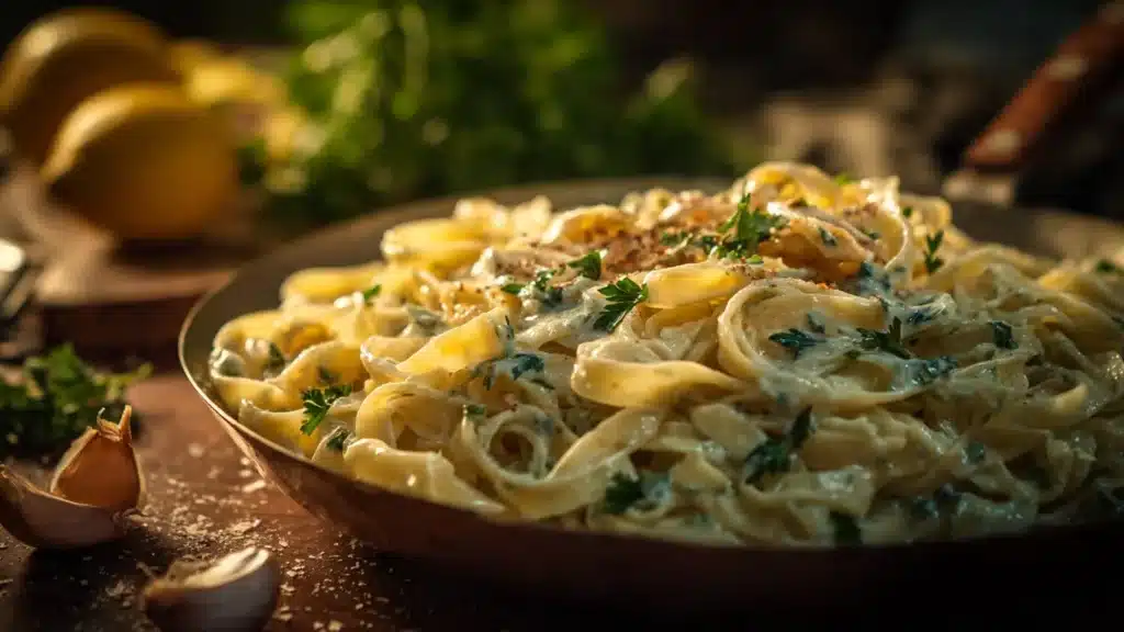 Creamy Roast Garlic and Lemon Pasta Sauce served with fresh herbs.