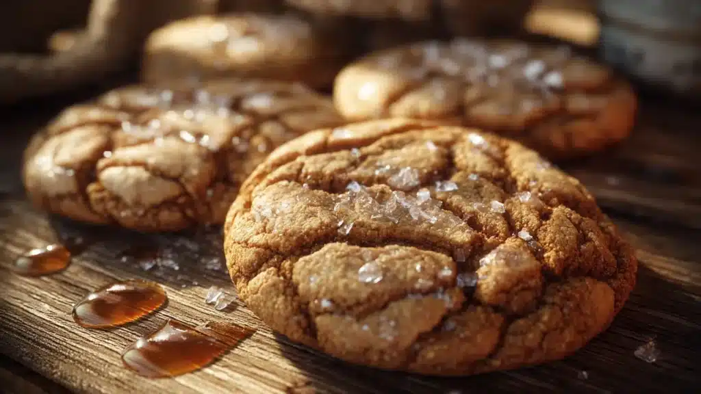 Crinkly crackly butter toffee sugar cookies on a rustic wooden table