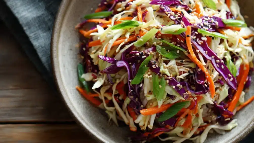 Bowl of easy crunchy Asian cabbage slaw with sesame dressing and colorful vegetables