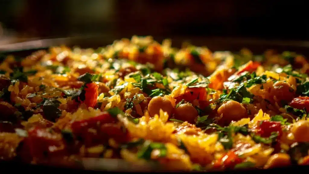 One-pot Spanish chickpea rice with smoked paprika in a colorful dish