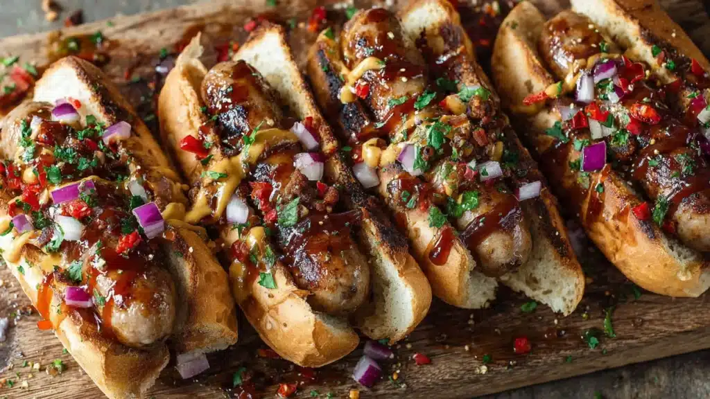 Firecracker hot dogs with vibrant toppings and grill marks