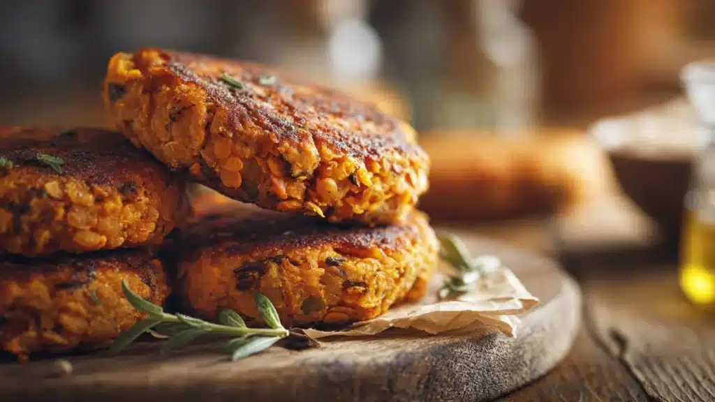 Gluten-free sweet potato and red lentil patties served on a platter.