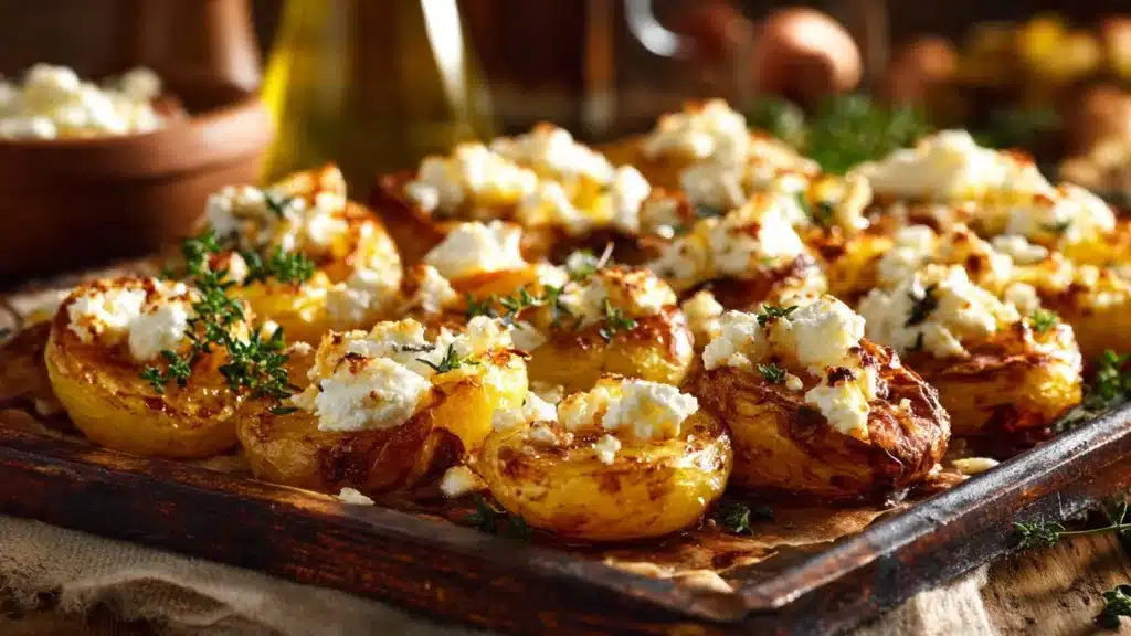 Delicious Greek Feta Roast Potatoes served on a plate with herbs.