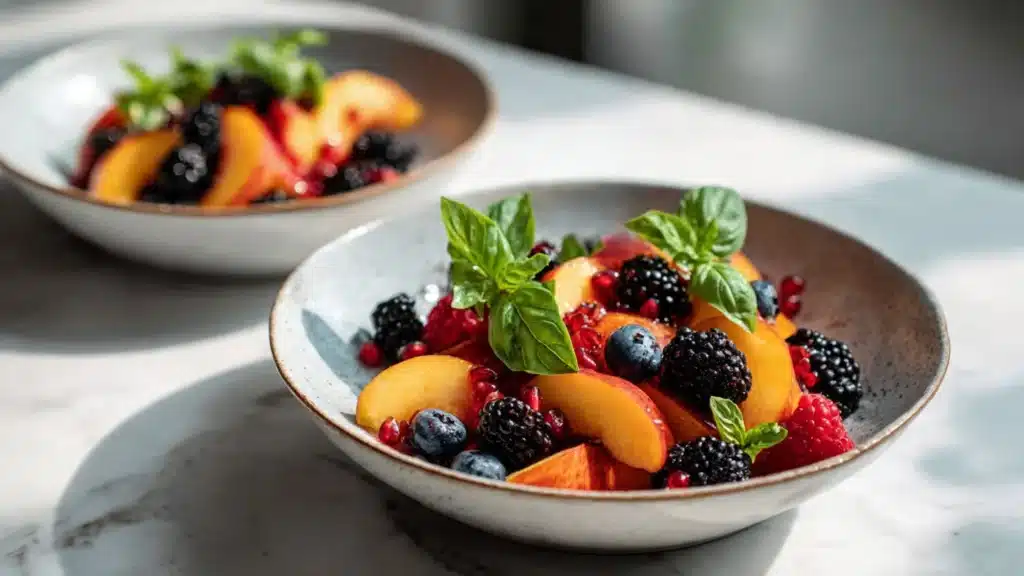 A bowl of honey lime basil peach fruit salad with vibrant colors.