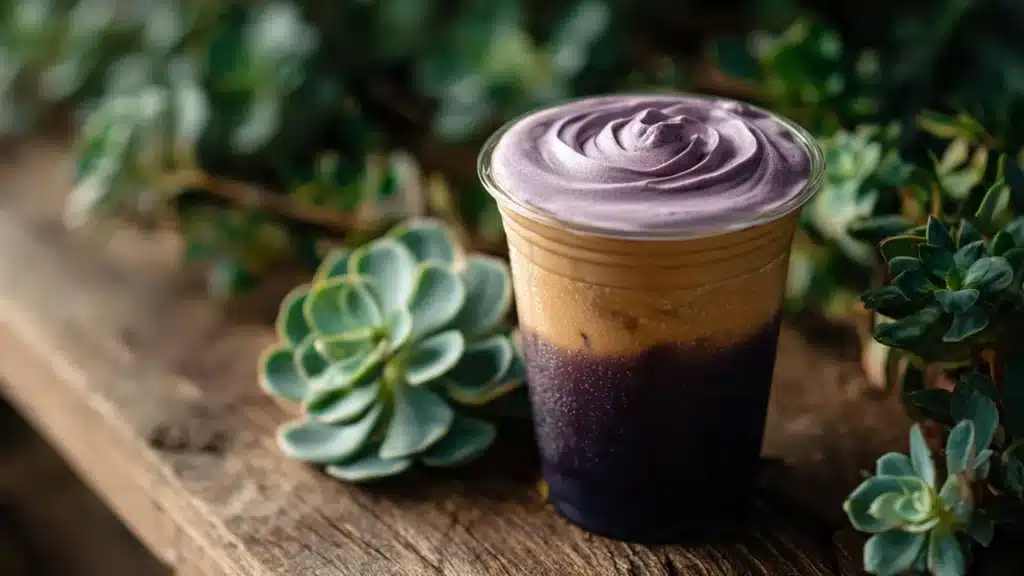 Delicious iced blackberry latte served in a glass with fresh blackberries