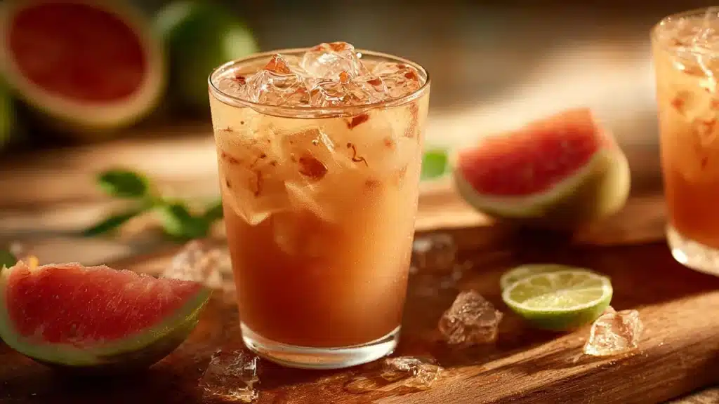 Refreshing Iced Guava White Tea Lemonade in a glass with lemon slices