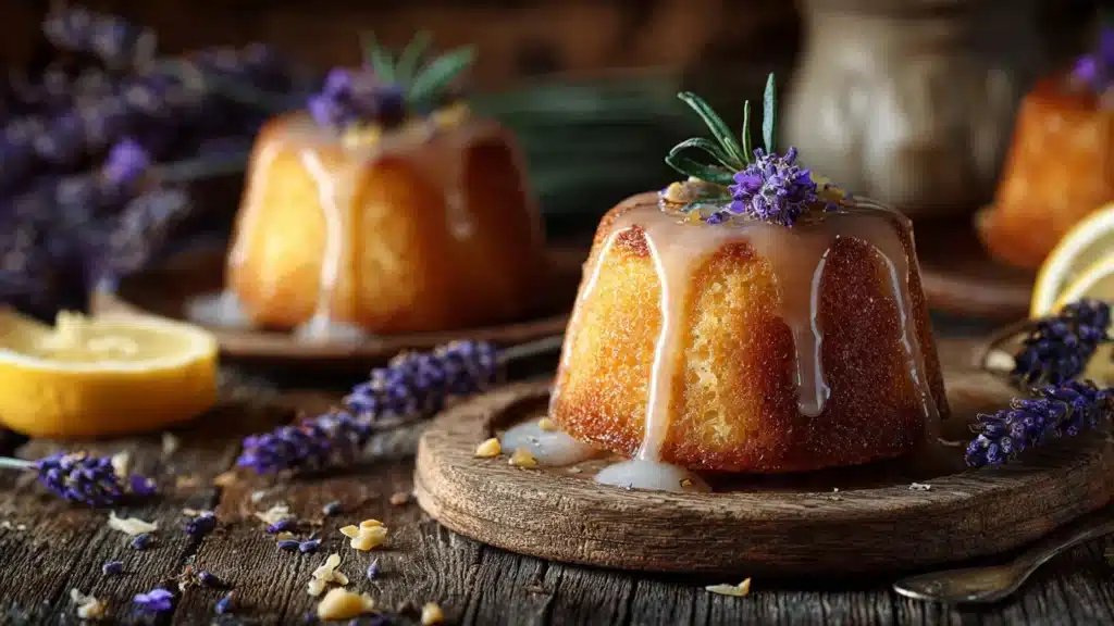 Mini lemon cakes topped with lavender glaze, showcasing a vibrant yellow hue.