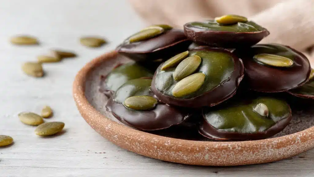 Delicious pumpkin seed chocolate bites, a sweet and healthy treat.