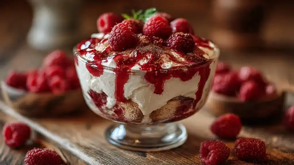 Delicious Raspberry Tiramisu served in a glass with fresh raspberries