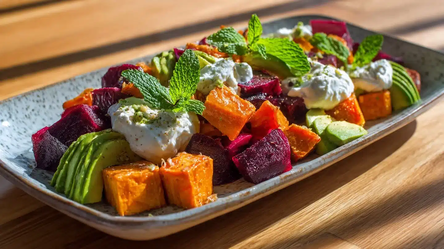 Roasted Beet, Sweet Potato & Avocado Salad with Ricotta