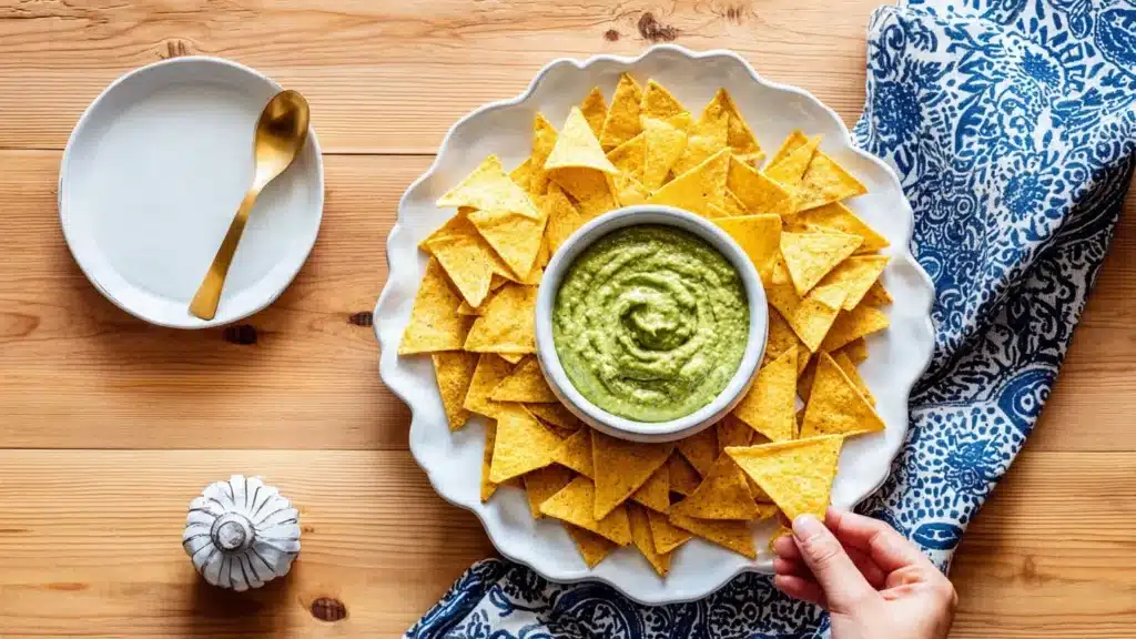 Bowl of Tomatillo Avocado Salsa garnished with cilantro and lime