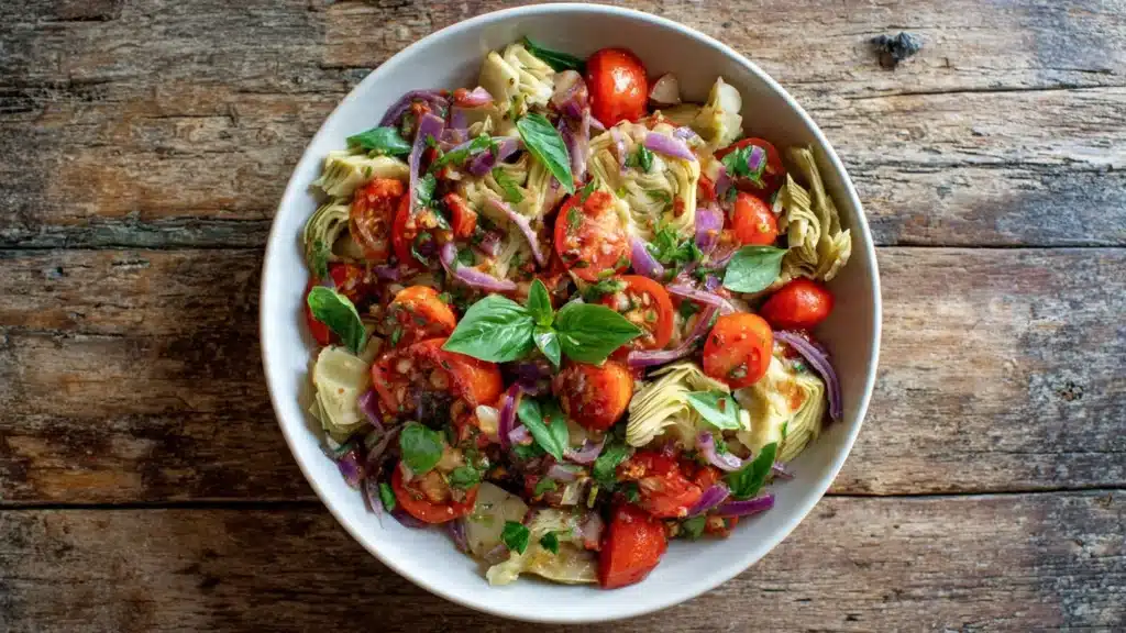 Delicious Tuscan Artichoke Salad with fresh vegetables and herbs