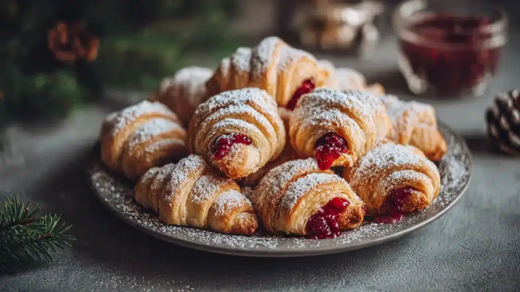 Vegan puff pastry croissants with raspberry jam on a plate
